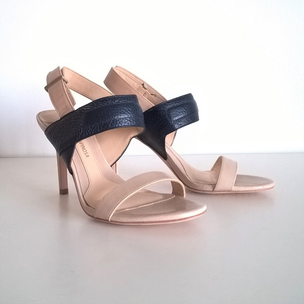 NEW Leather Sandal Heels Stripe Band Navy Nude